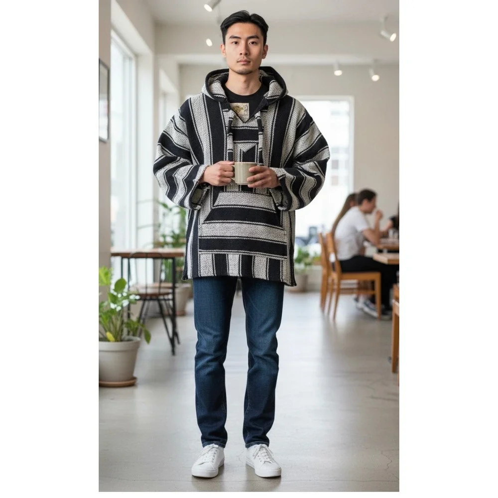 Vintage Style Earth Ragz Baja Hoodie Navy & White Striped Mexican Pullover Small
